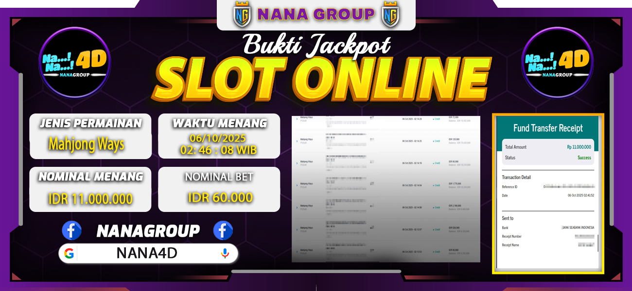 Bukti Kemenangan Besar Dibayar lunas Member NANA4D RP 11.000.000, 6 Oktober 2025